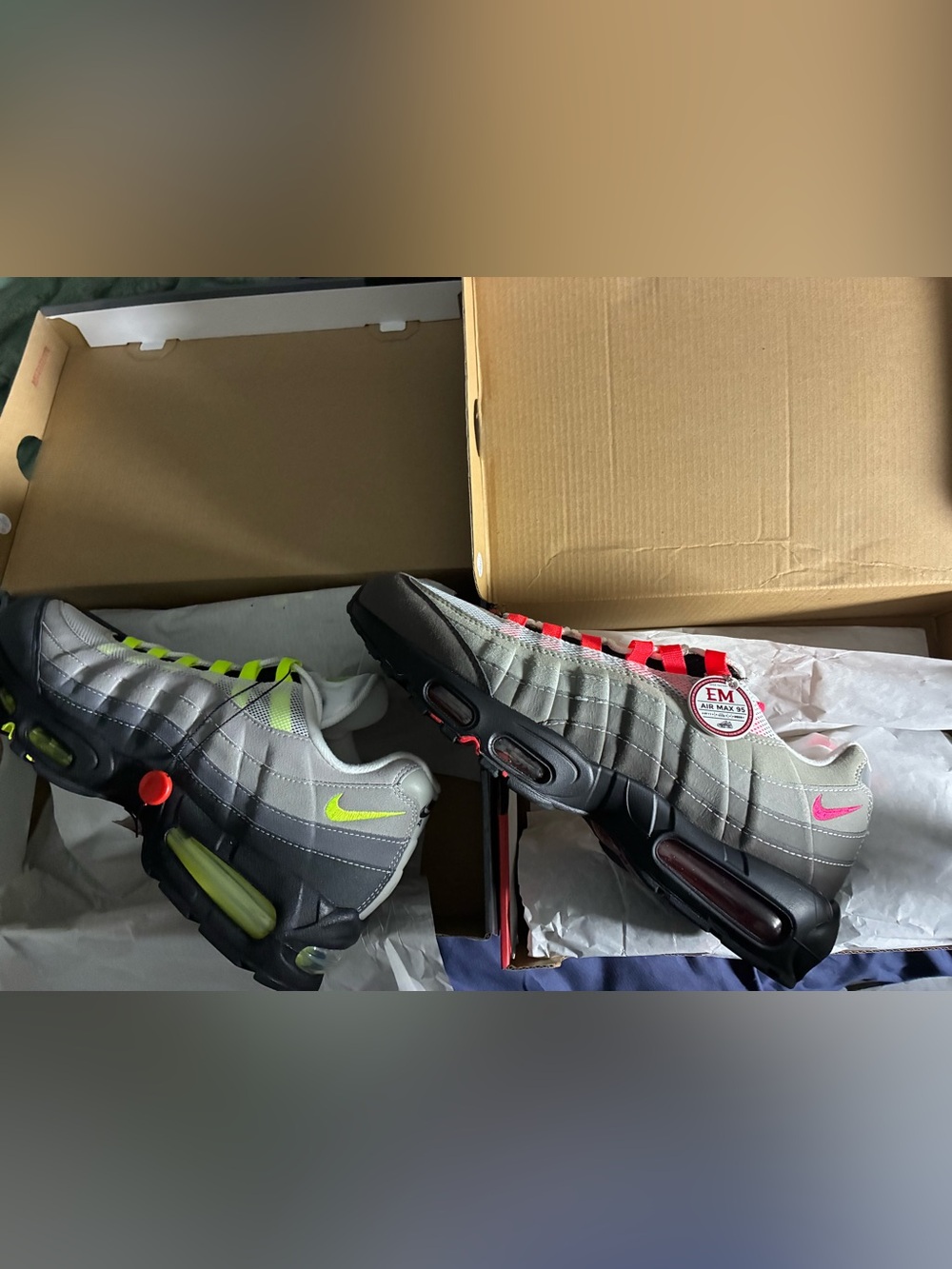 Nike Grey Air Max 95 Sneakers with Neon Yellow and Red Accents